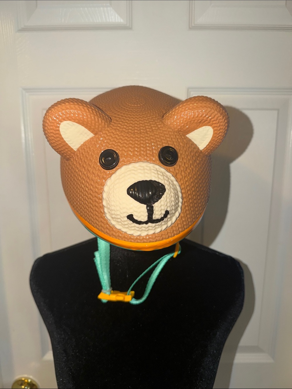 Schwinn Brown Bear Helmet with Teal Straps and Yellow Trim
